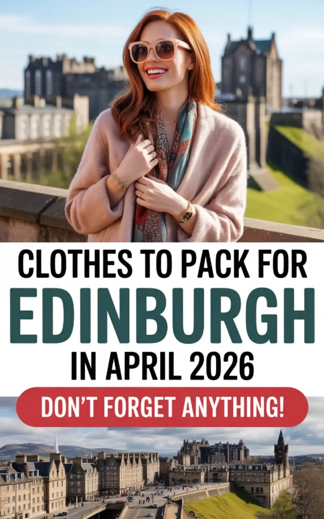 Woman smiling in sunglasses holding a scarf, overlooking Edinburgh, with text about packing for April 2026 trip.