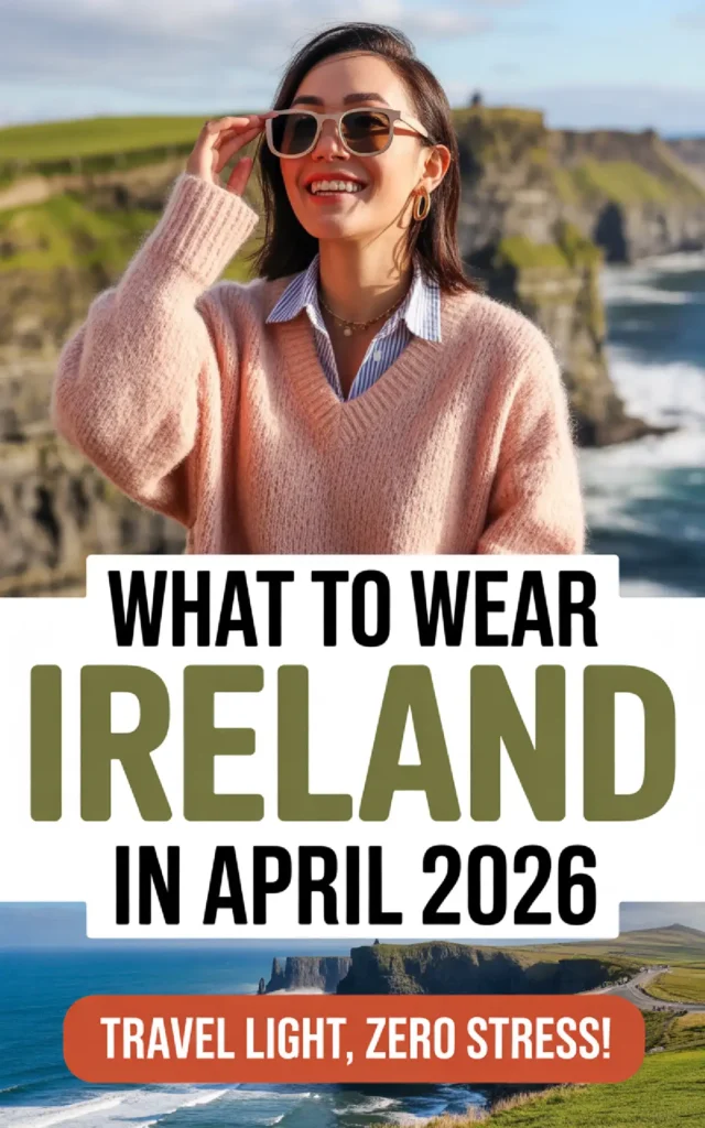 Woman enjoying the scenic cliffs of Ireland in April 2026, wearing stylish sunglasses and a cozy sweater. Travel tips included.