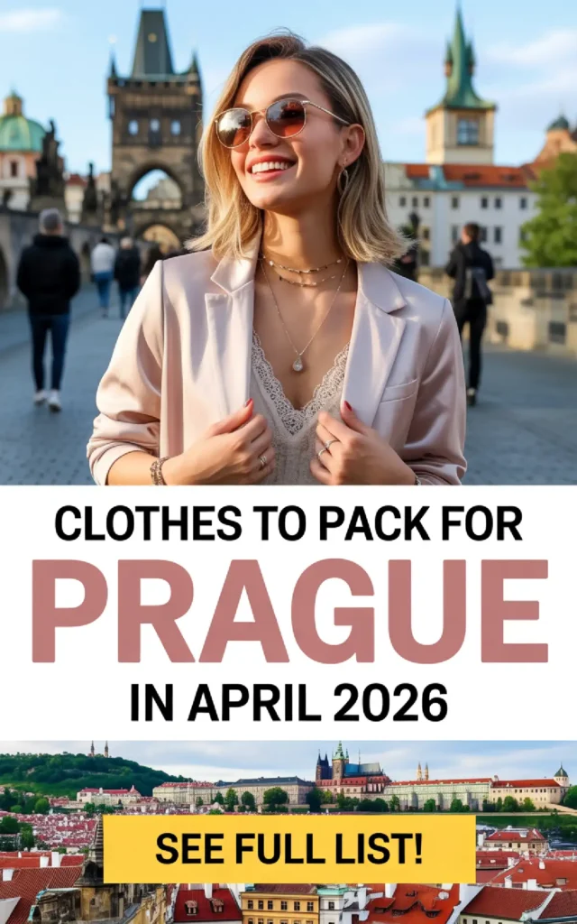 Stylish traveler in Prague, showcasing outfits for April 2026. Discover essential packing tips for your trip!