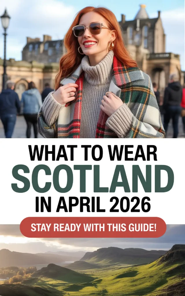 A woman in stylish attire smiles outdoors in Scotland, promoting a guide on what to wear in April 2026.