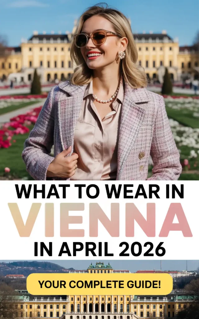 Stylish woman in Vienna, April 2026, showcasing spring fashion amidst blooming flowers and historic architecture.