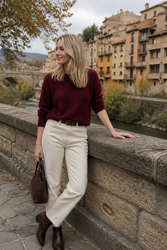 wine red knit and jeans