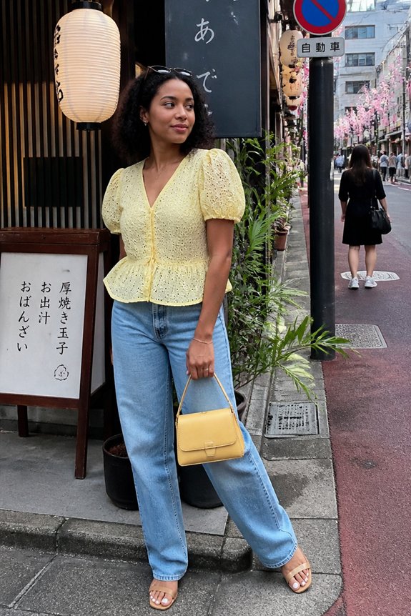 yellow blouse denim jeans