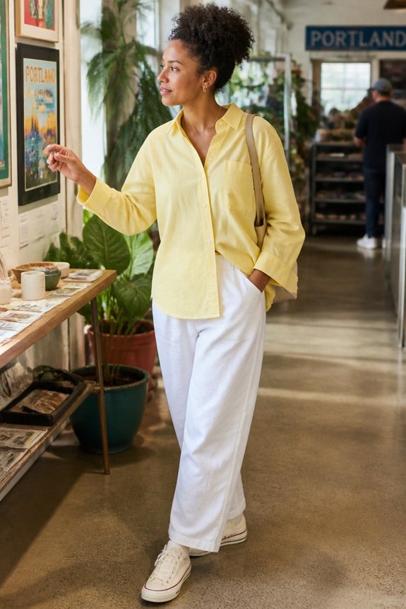 yellow blouse white jeans