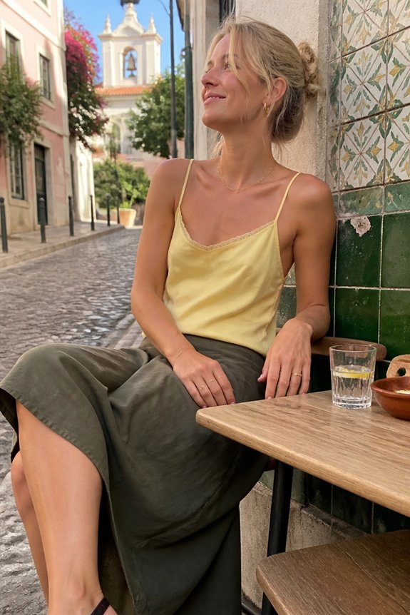 yellow camisole olive skirt
