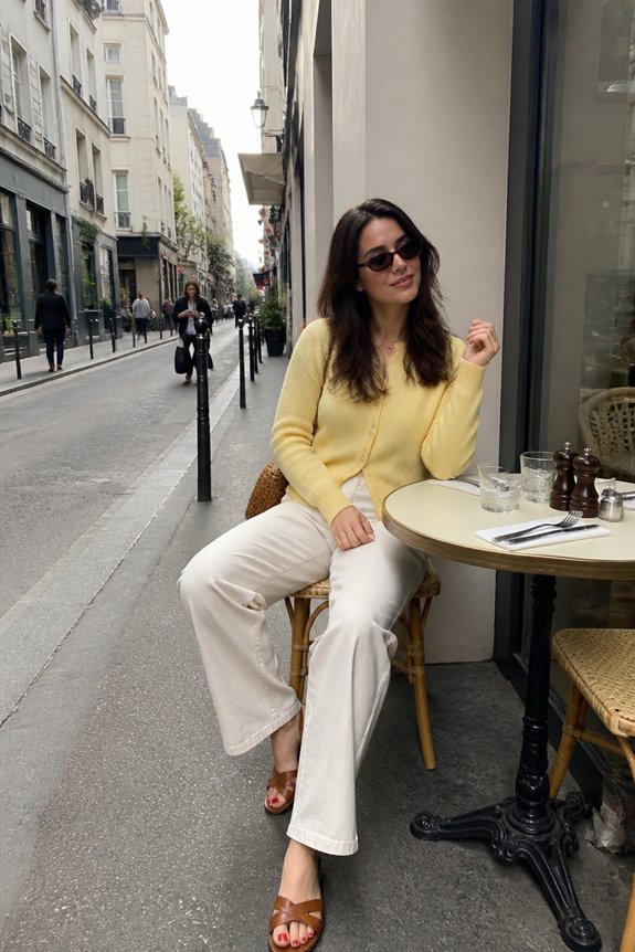 yellow cardigan ecru pants