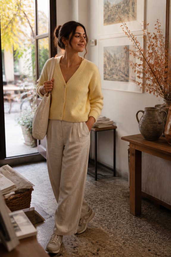 yellow cardigan linen trousers