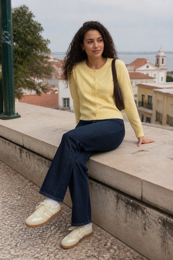 yellow cardigan with jeans