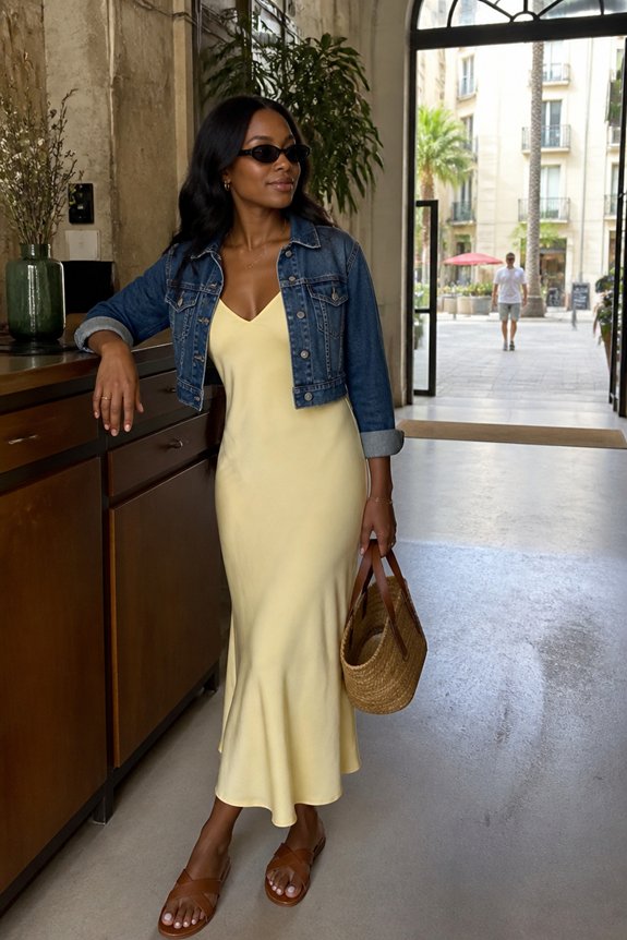 yellow dress with denim blazer