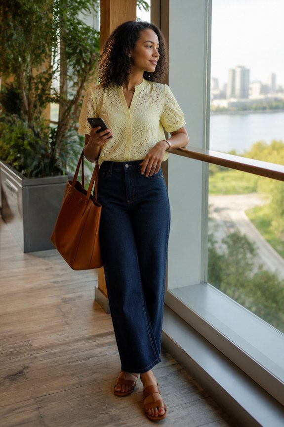 yellow eyelet blouse jeans