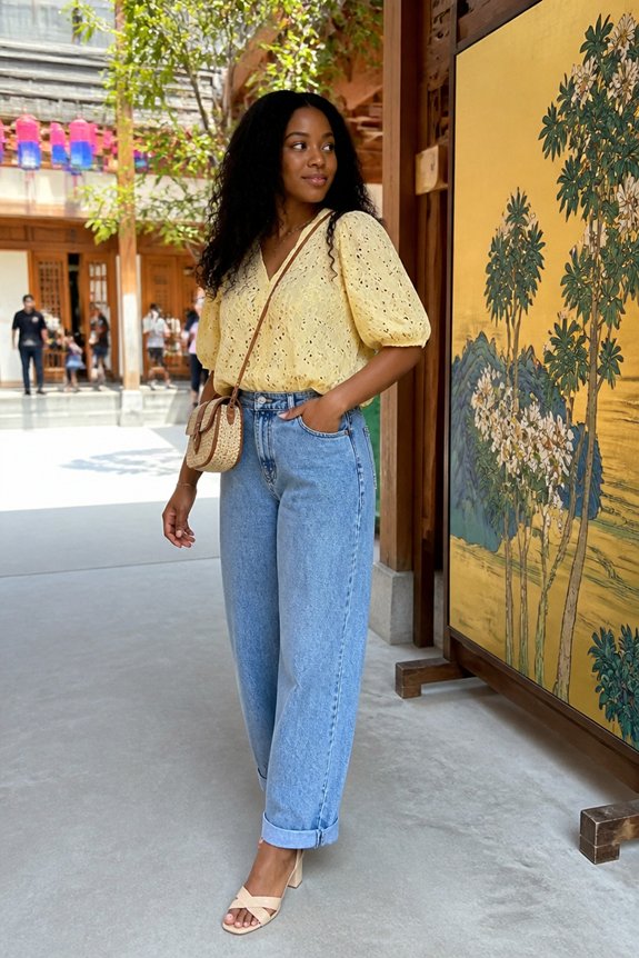 yellow eyelet blouse jeans