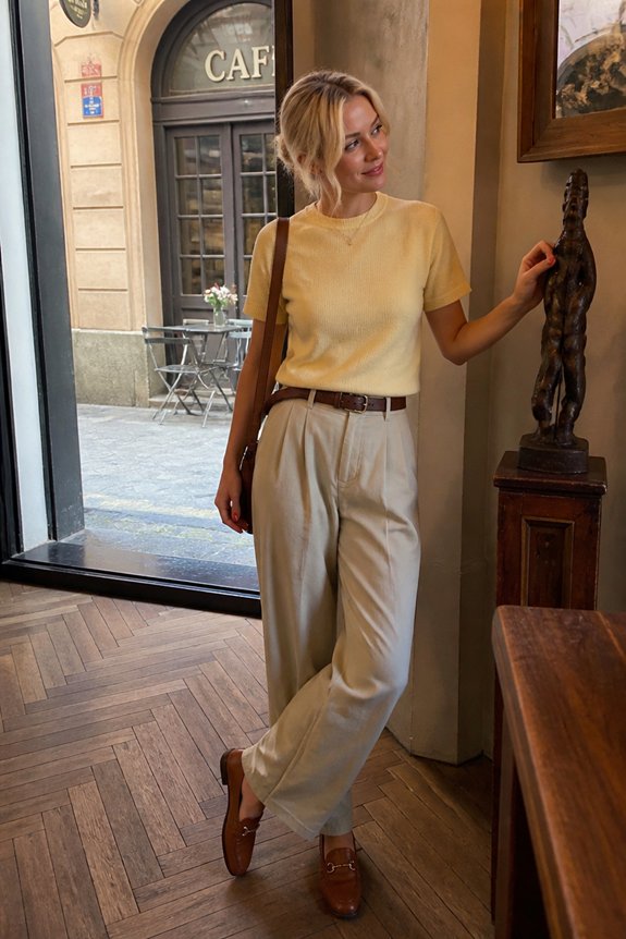 yellow knit beige pants