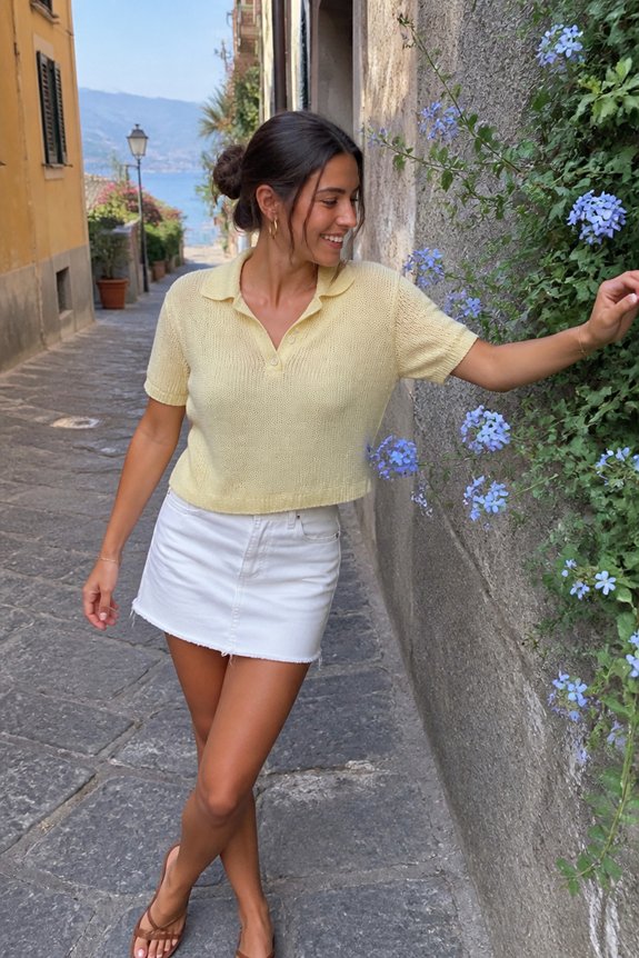 yellow polo white skirt