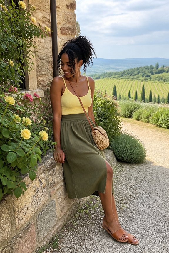 yellow tank green skirt