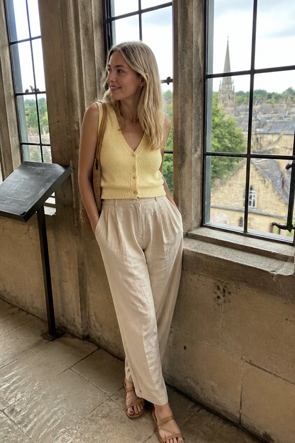 yellow vest beige trousers